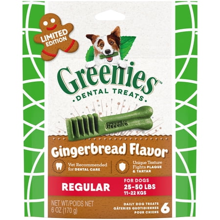 GREENIES Gingerbread Flavor REGULAR Size Dental Chew Treats for Dogs  6 oz. Pouch (6 Treats)