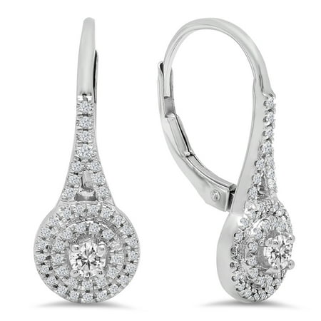 0.50 Carat (Ctw) 14K White Gold Round White Diamond Ladies Double Frame Halo Style Hoop Earrings 1/2 CT