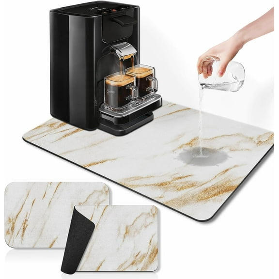 Coffee Mat for Countertops, Marble White Gold Dish Drying Mat 2 Pcs for Kitchen Coffee Bar Accessories, Fit Under Coffee Maker Espresso Machine Dish Rack Hide Stain Rubber Backed 12x19in