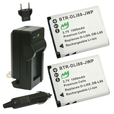 Replacement for Pentax K-BC88 Battery (2-Pack 1000mAh) and Charger