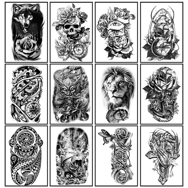 Yazhiji 36 Sheets Temporary Tattoos Stickers, Fish Wolf Half Arm Chest  Shoulder Fake Tattoos for Men or Women 