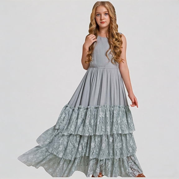 REDARER Girls' Sleeveless Lace Tiered Maxi Dress, Princess Party Dress for Wedding Evening Formal Events,2-3 Years