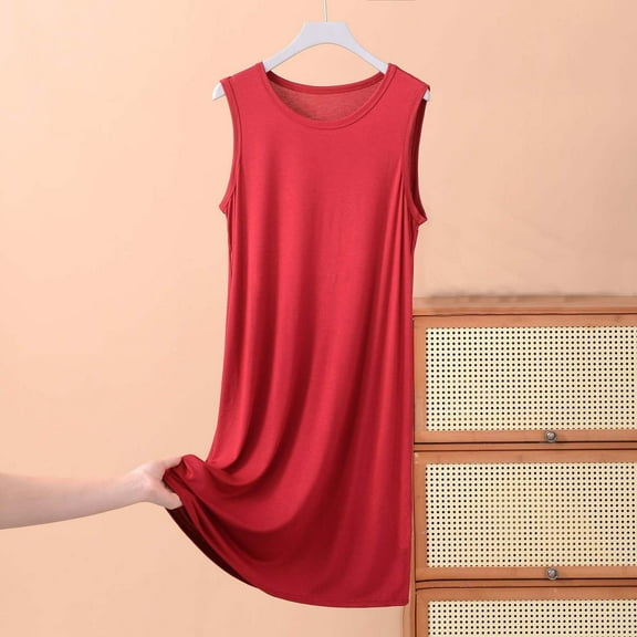Elvqul Soft Sleep Shirts for Women Sleeveless Nightgown for Women Plus Size Cotton Plain Sleepwear for Women Red