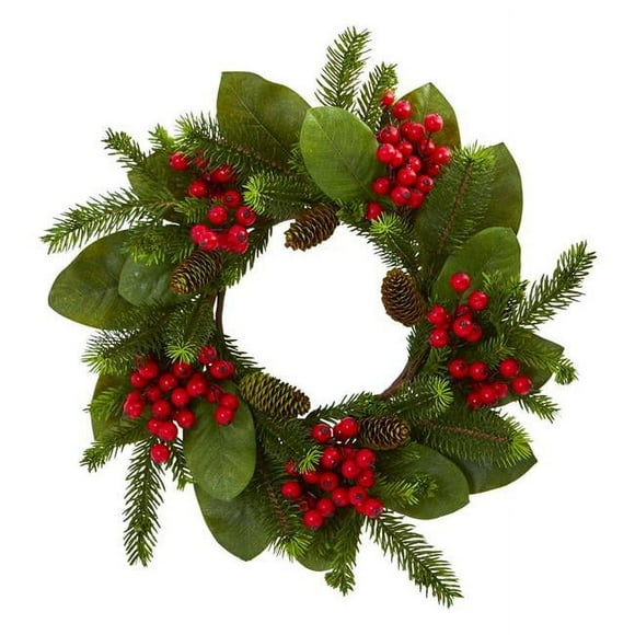 Nearly Natural 4266 19 in. Magnolia Leaf, Berry & Pine Artificial Wreath
