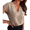 thumbnail image 2 of Women Tops Cap Sleeve Textured Dressy Casual V Neck Shirts Summer Business Work Blouses Outfits Deep Khaki XXL, 2 of 8
