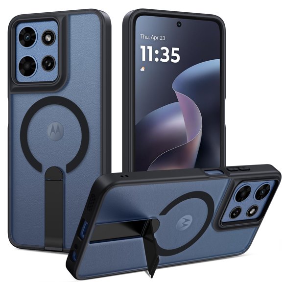 DUEDUE Magnetic Case for Moto G 5G 2026/Moto G Play 2026, Slim Shockproof Phone Cover with Foldable Metal Kickstand, Anti-Yellowing Matte Translucent Black