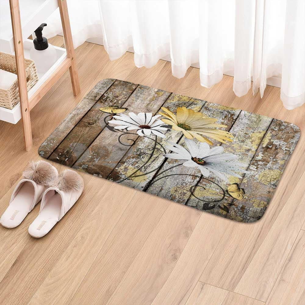 Farmhouse Floral Flower Bath Mat, Daisy Rustic Wooden Plank Country Barn Wood Yellow Flower Non-Slip Flannel Soft Doormat Floor Entryways Outdoor Indoor Front Door Mat, (17X29)