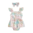 thumbnail image 2 of Baby Girls Romper Set, Fly Sleeve Plaid Lace Trim A-line Dress with Headband Summer Outfit, 2 of 9