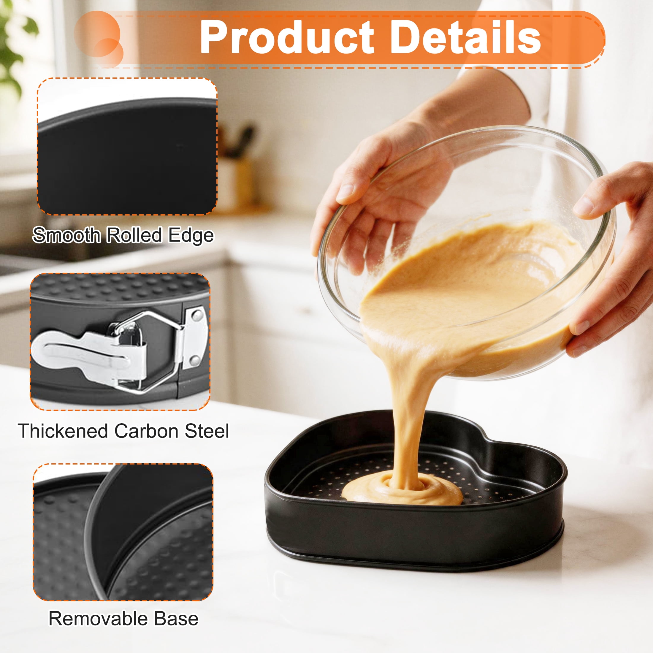 3 Pcs Springform Cake Pan, 8", 9" ,10" Non‑stick Removable Bottom Baking Molds, Heart Round Square Bakeware for new and experienced baking enthusiasts