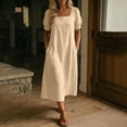 thumbnail image 2 of fheaev Women's Square Neck Short Sleeve Fit Flare Midi Dress with Pockets Solid for Everyday Khaki L, 2 of 9