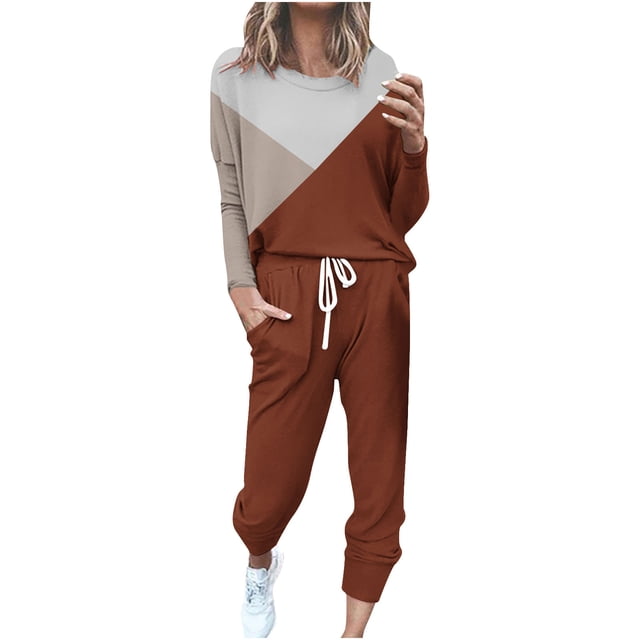 Pitauce Womens Two Piece Tracksuit Color Block Sweatshirt Jogger Sweatsuits Sets Long Sleeve Lounge Sets