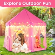 Wilwolfer Princess Castle Kids Indoor Play Tent, Pink Hexagon Fabric Playhouse with Star Lights, Large with Carrying Bag KP-GZ-001-W