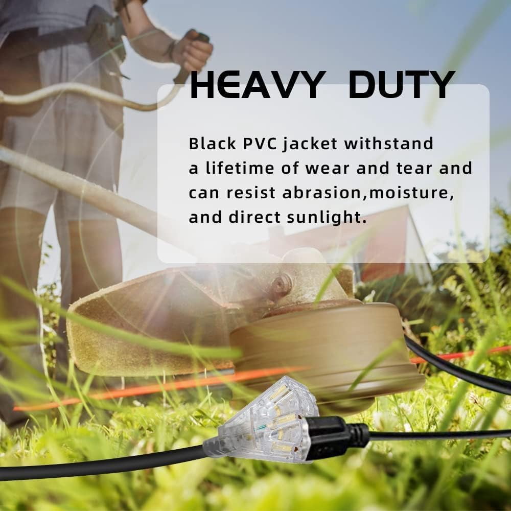 3-Outlets Indoor Outdoor Extension Cord Weatherproof with Lighted End, UL Certified, 12 Gauge 6FT Black 3 Prong Heavy Duty, 12/3 SJTW 15A Power Cord