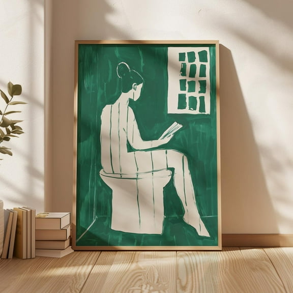 Minimalist Line Art Woman Reading On Toilet, Green Bathroom Abstract Print, Modern Feminine Self Care, Poster Wall Art, Modern Wall Decor, 8x12 UNFRAMED