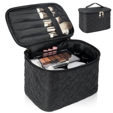 ZIVACATE Travel Makeup Bag with Compartments, Large Cosmetic Organizer with Brush Storage, Portable Toiletry Case for Women Men, Black