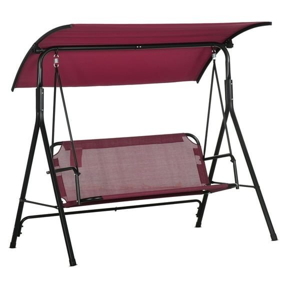 3-Person Porch Swing with Stand, Outdoor Patio Swing - Wine Red - Adjustable Canopy & Steel Frame - Comfortable Bench Seat for Backyard, Garden, Poolside