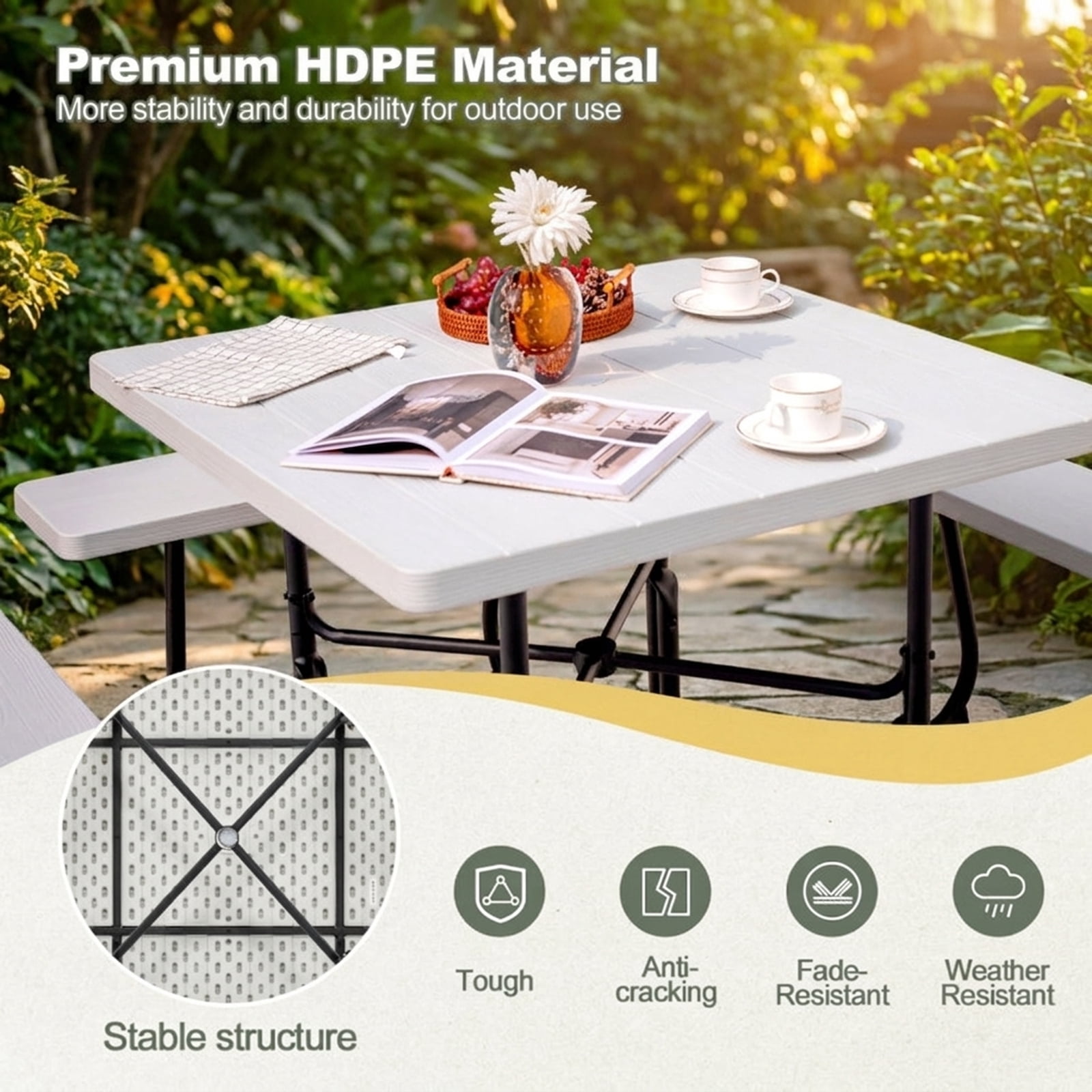 Biotree Outdoor Picnic Table with 4 Benches and Umbrella Hole 67-Inch Round Metal and HDPE Patio Table for Backyard Garden and Deck, White
