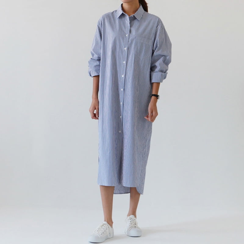 Fashion Women Striped Shirt Dress Turn 