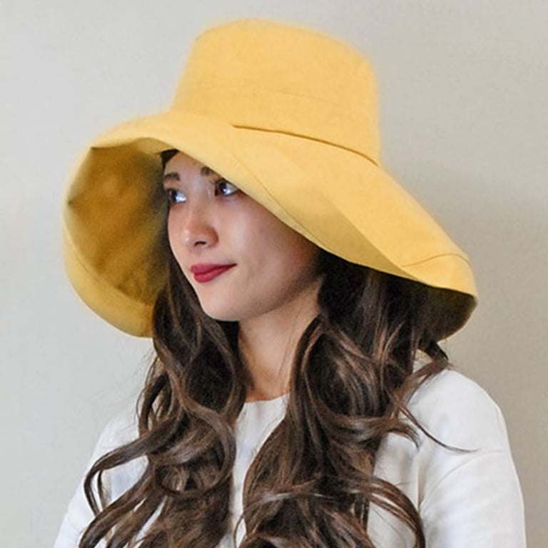 Women Wide Brim Summer Sun Hat Wired Edge Beach Bucket Fishing Hats Yellow Penkiiy Super Wide Brim Women Sun Hat Cotton Floppy Packable  main image 3