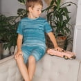 thumbnail image 4 of Balery Teal Turquoise Fluid Stripes Conjunto de Pijama Infantil de Manga Corta con Estampado – Ropa de Dormir de Algodón Suave-Medium, 4 of 6