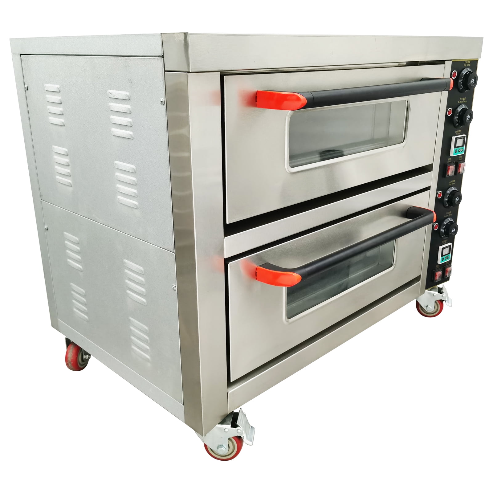 Commercial Double Deck Electric Pizza Oven with Wheels Dual Independent Temperature Control 220V 6.4 KW