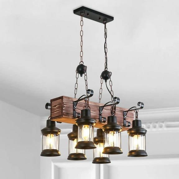 iMeshbean Rustic Chandelier Farmhouse Rustic Light Fixtures for Dining Room Kitchen Island, Industrial Wooden Hanging Lights Ceiling Light Fixture for Game Room Bar Coffee Pool Table (6-Light)