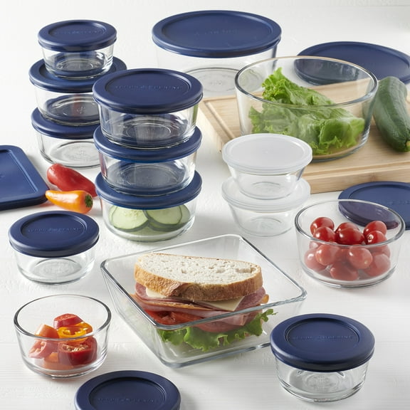 Anchor Hocking Clear Glass Food Storage,30 Piece Set with Navy Lids