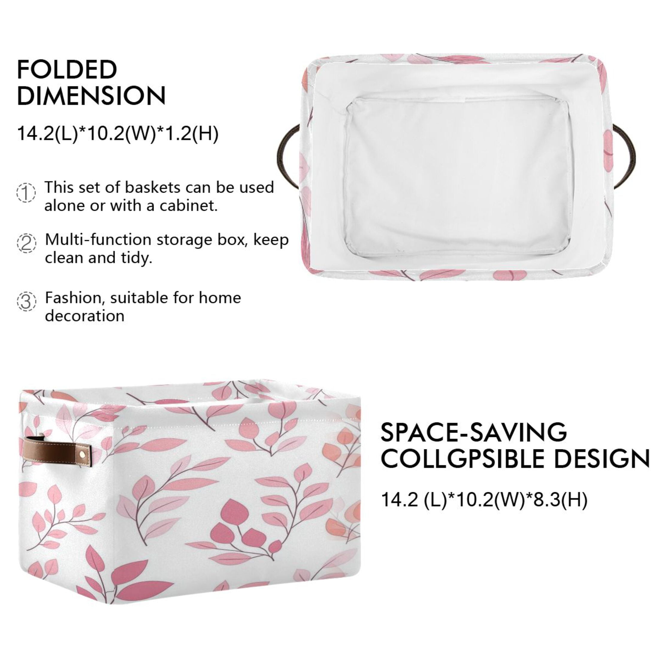 Pink and Coral Leaves Foldable Storage Basket,Canvas Fabric Foldable Storage Bins with Handles Open Home Storage Bins Boxes for Toy Book Shelf Closet Baskets