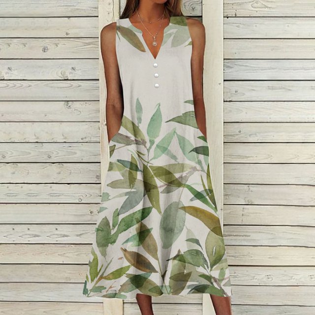 Estbridge Robes d'Été pour Femmes Décontractées Plissées Amples Évasées Midi pour Femmes Imprimé Floral Longueur Genou Grande Taille Robe Col Ras du Cou Manches Courtes Robe d'Invitée de Mariage Économies d'Été Liquidation