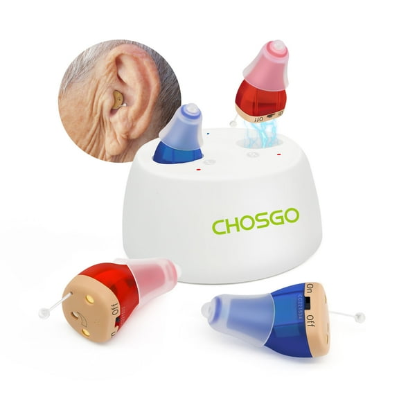 Chosgo K19 Rechargeable Personal Sound Amplifier with Portable Charging Case, Hearing Amplifiers for Seniors with Noise Cancelling, Mini CIC Hearing Aids with 12-Channels(Red&Blue)