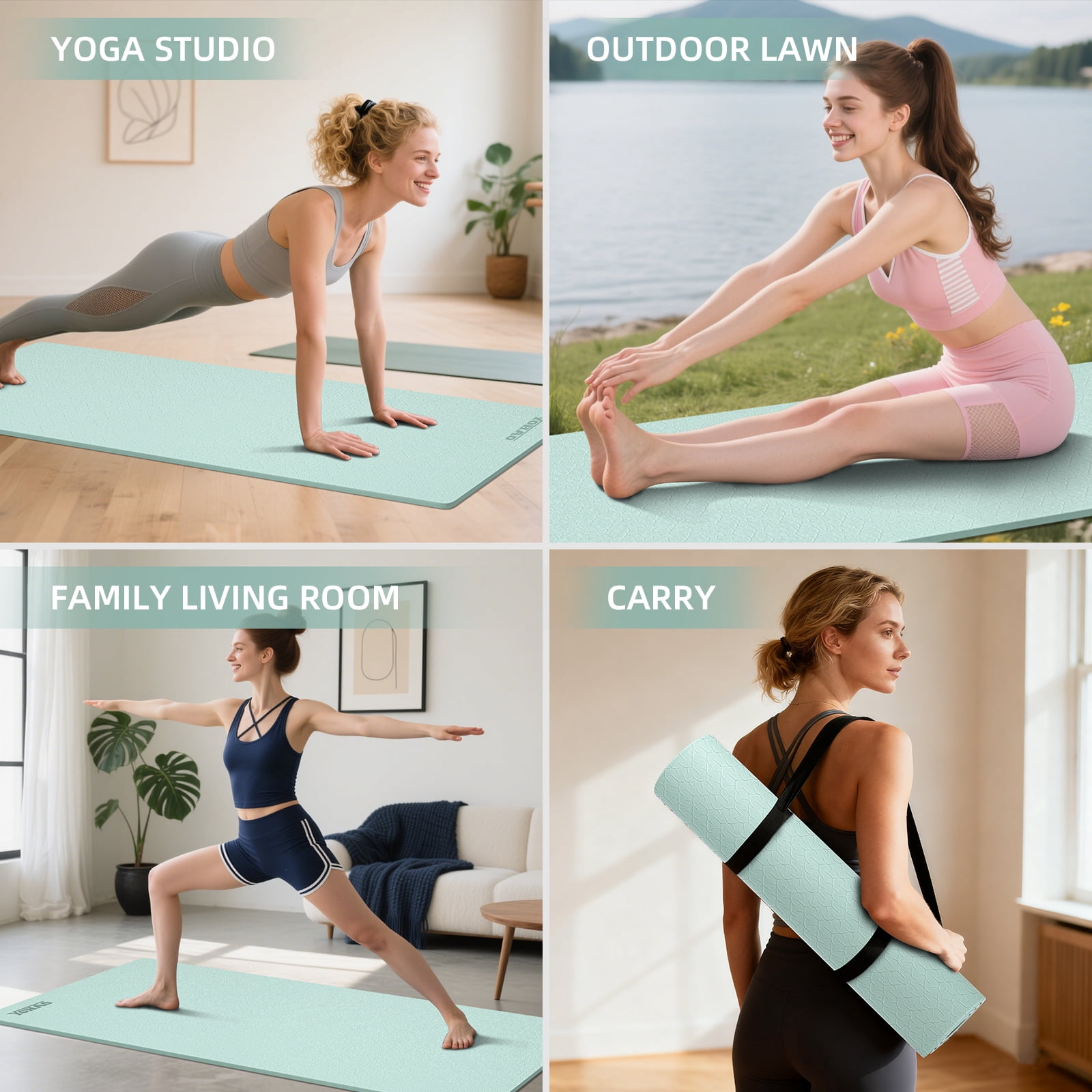 YOHAO Yoga Mat 10mm Thick,72"×26",Non-Slip Eco TPE,Strap included for Travel,Pilates and Fitness Workout(Matcha Green)