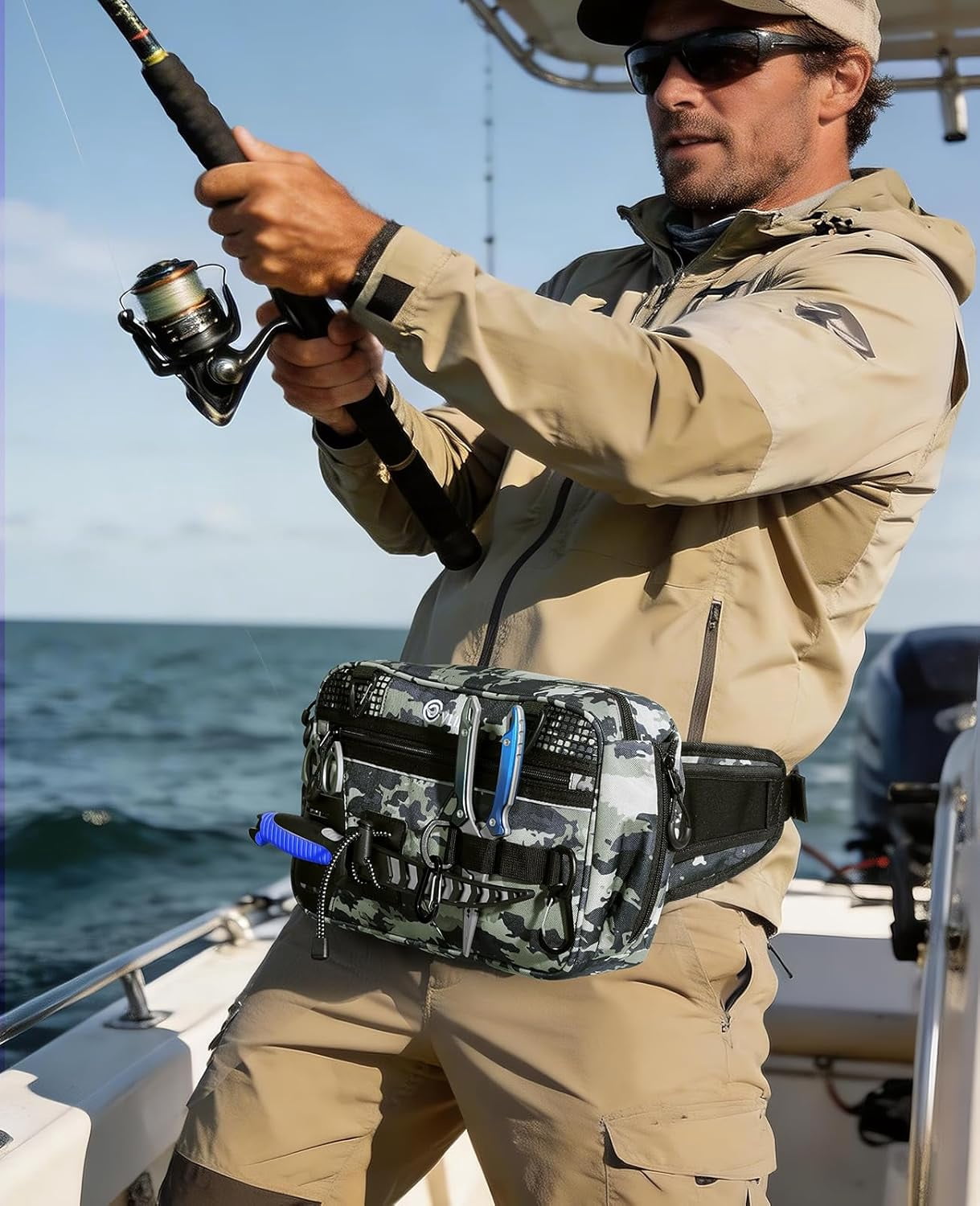 Fishing Tackle Bag Waist Pack with Rod Holder, Water Resistant Fanny Pack Includes 3600 Tackle Box, Waterproof Pouch & Carabiners