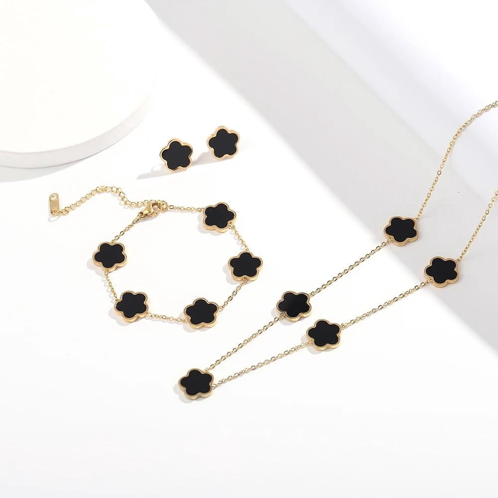 Clover Jewelry Set 18K Gold Plated Stainless Steel Necklace with Flower Design Four leaf clover for Women, Elegant Four Leaf Clover Necklace Floral Style Jewelry