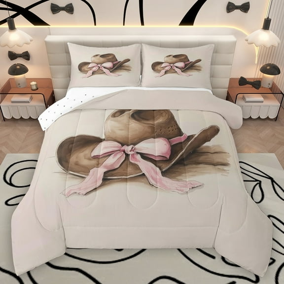 Homewish Cowboy Cowgirl Hat Bedding Comforter Set,Cute Bowtie Ribbon Twin Comforter Sets,Pink Brown Bedding Set For Girls Boys,Super Cozy Room Decor Reversible,2 Pieces