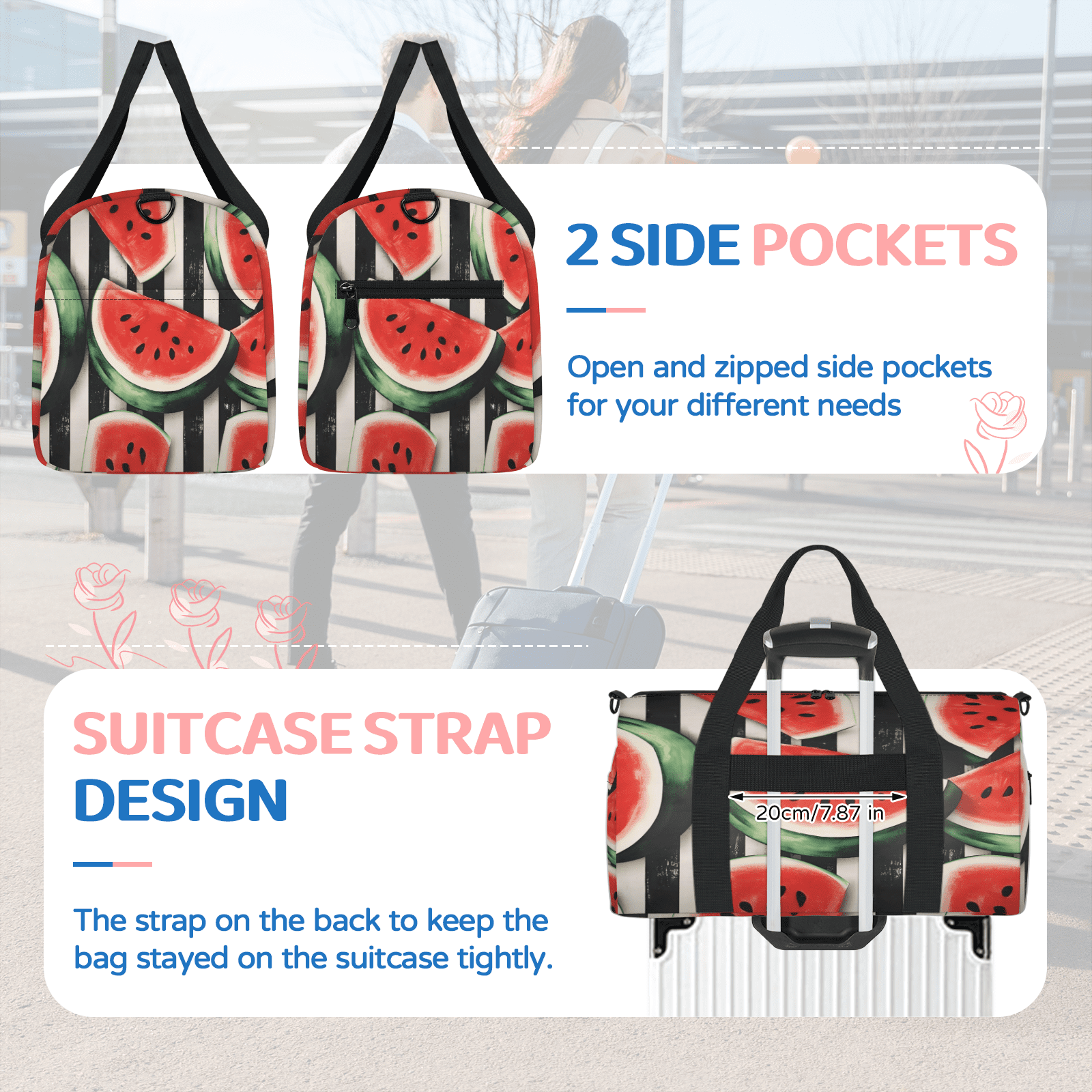 Herdesigns Watermelon Gym Bag for Women, Duffle Bag for Travel Sport, Lightweight Waterproof Carry on Weekender Overnight Dance Yoga Workout Bags