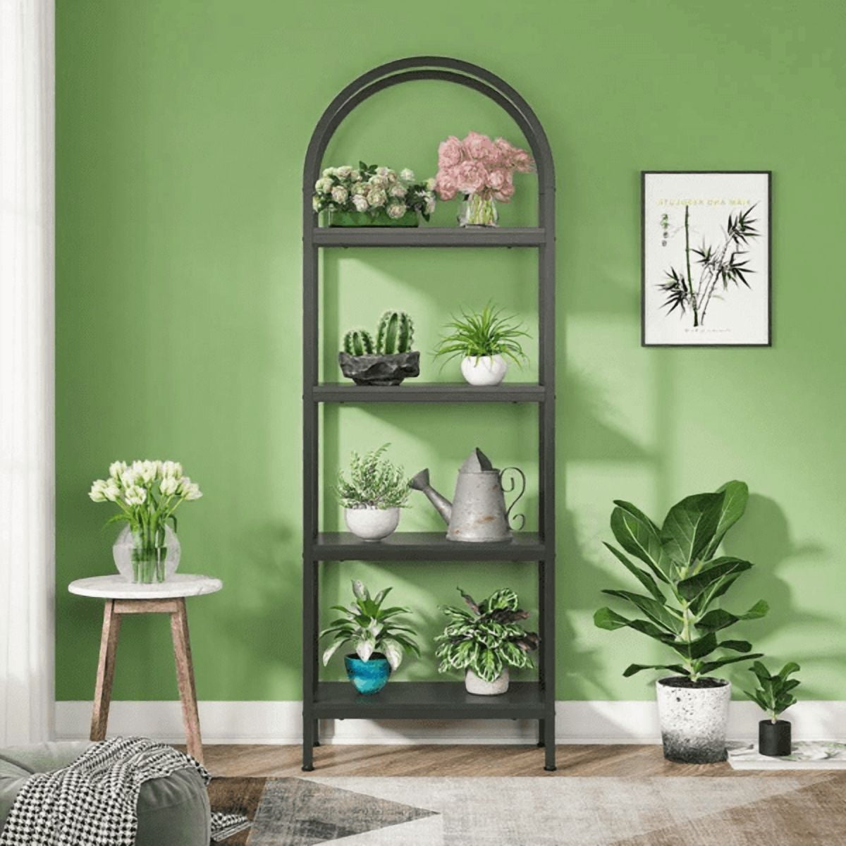 4-Tier Industrial Bookshelf, 120LBS Max Load, E1 Particleboard + Metal Frame, Multi-Functional for Home, Office, Balcony