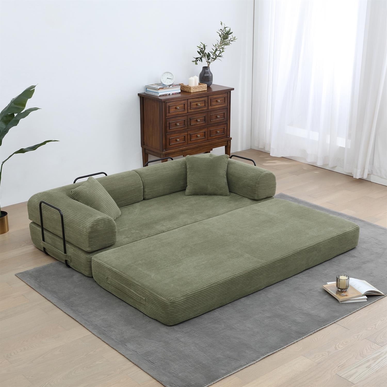 Demi Bonn 77" Convertible Sleeper Sofa Bed, Corduroy Foldable Mattress Couch with Cylindrical Pillow & Fixed Frame for Living Room, Bedroom, Light Green