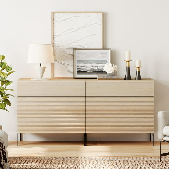 63" Wood Accent Chest Set with Drawers, Modern Credenza Storage Cabinet with Reeded Design for Living Room, Kitchen, Dining Room, Hallway
