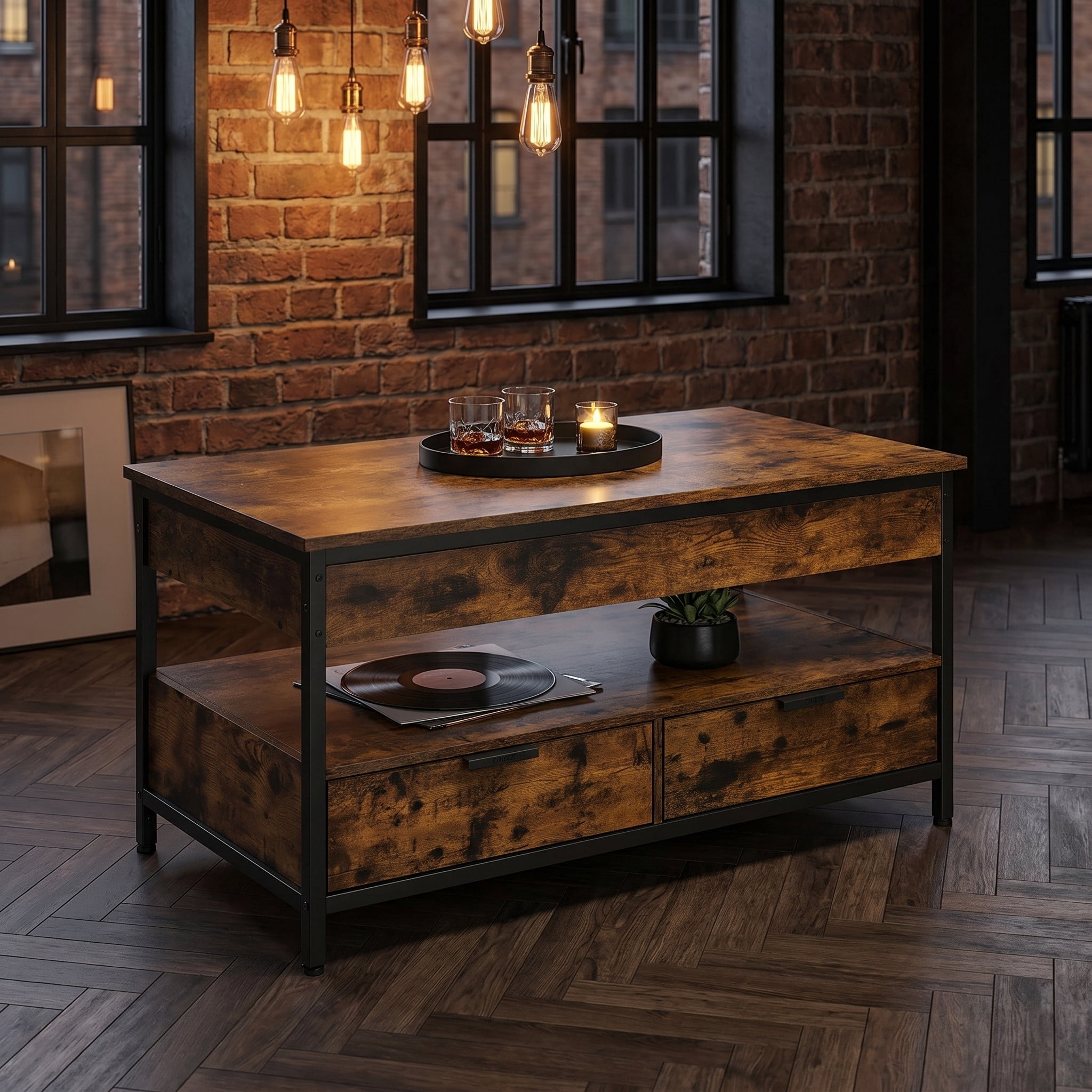 Nordic Hygge 40" Height-Adjustable Living Room Center Table with 2 Storage Drawers and Open Compartment, Vintage Brown Ink Black