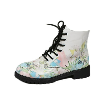 

Daeful Ladies Waterproof Mid Top Ankle Boots Outdoor Breathable Work Non-Slip Floral Short Bootie White Flower 9