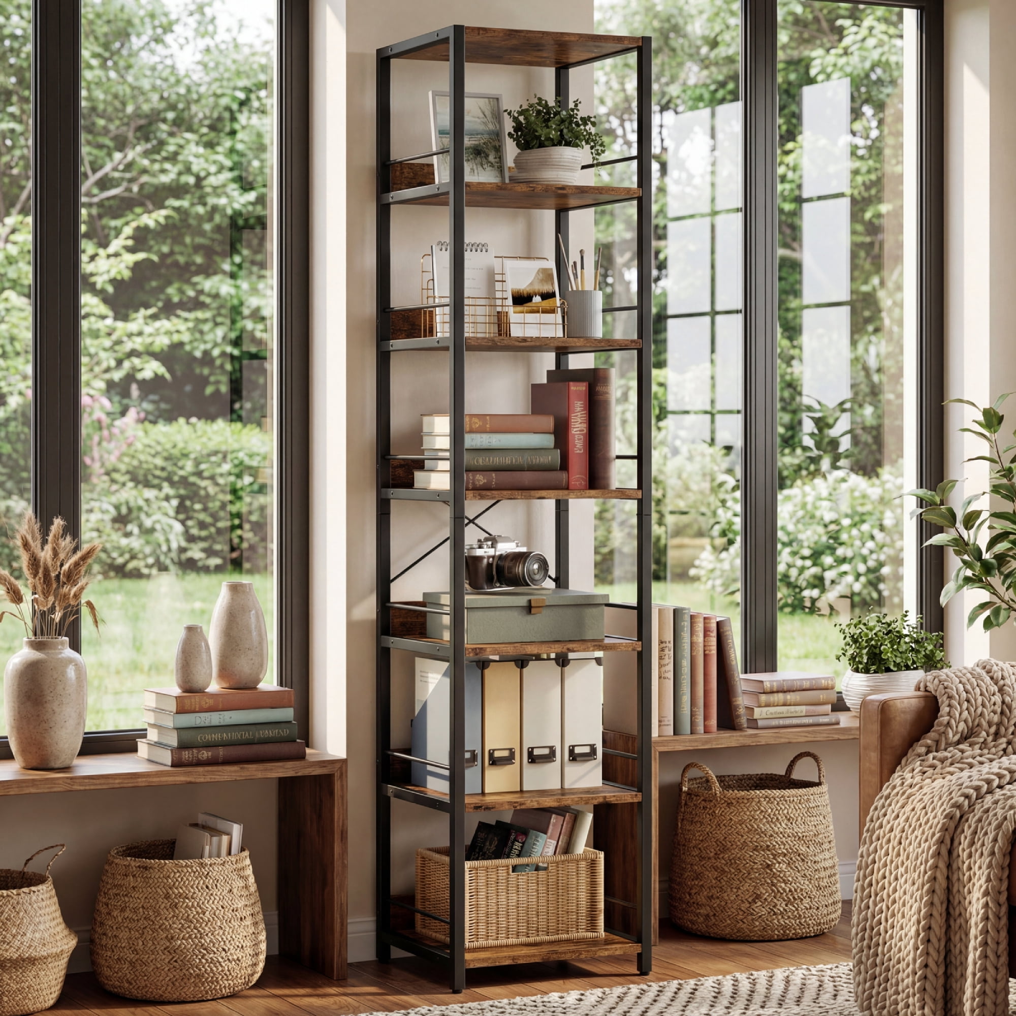 IRONCK 6-Tier Corner Bookcase,  74.8" Tall Narrow  Corner Shelf Stand，Plant Stand，Display Shelf，Wall Corner Bookshelf for Living Room，Bedroom，Home Office