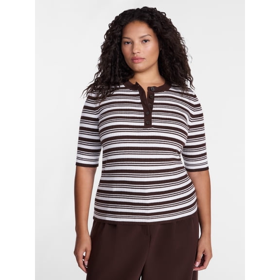 Terra & Sky Women's Plus Ribbed Henley Sweater Top with Elbow Length Sleeves, Sizes 0X-5X