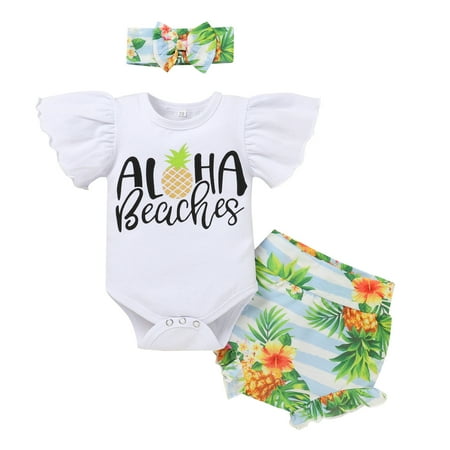 

IBTOM CASTLE Newborn Baby Girls Clothes Ruffles Sleeve Romper + Fruit Floral Bottoms Shorts + Headband 3PCS Summer Birthday Outfits 3-6 Months Pineapple