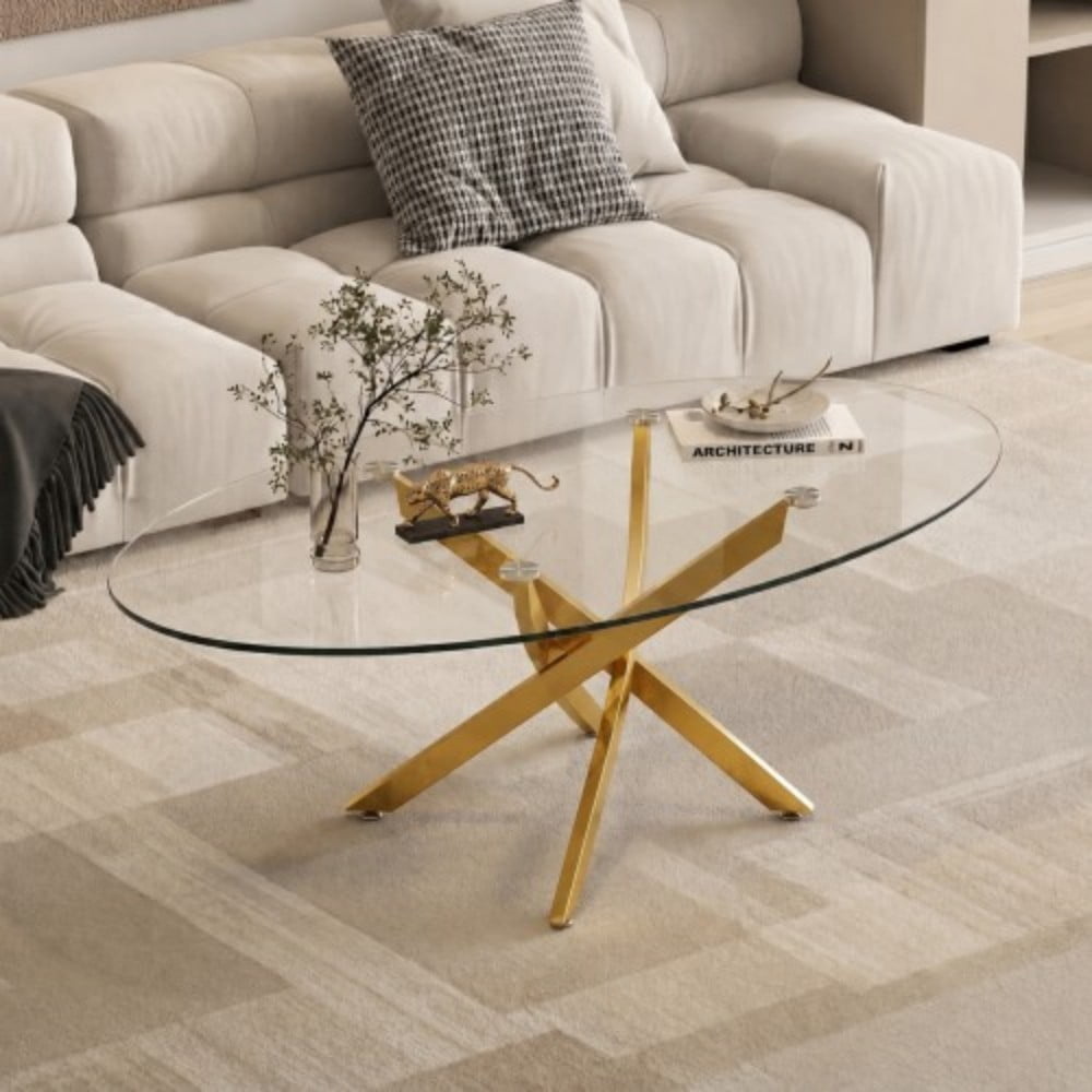 Oval Coffee Table, 39.37" Tempered Glass Top with Gold Cross Legs, Modern Side Table, Tea Table for Living Room, Apartment, Cafe