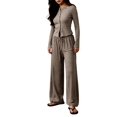 thumbnail image 3 of Women's Striped Button Front Long Sleeve Wide Leg Pants Two Piece Set Brown M, 3 of 9