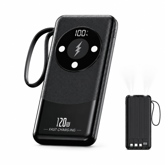 10000mAh Portable Charger Power Bank with 4 Built-In Cables, 120W Fast Charging, Digital Display & Flashlight, Multi-Device Battery Pack for iPhone, Samsung, Android, iPad & Travel