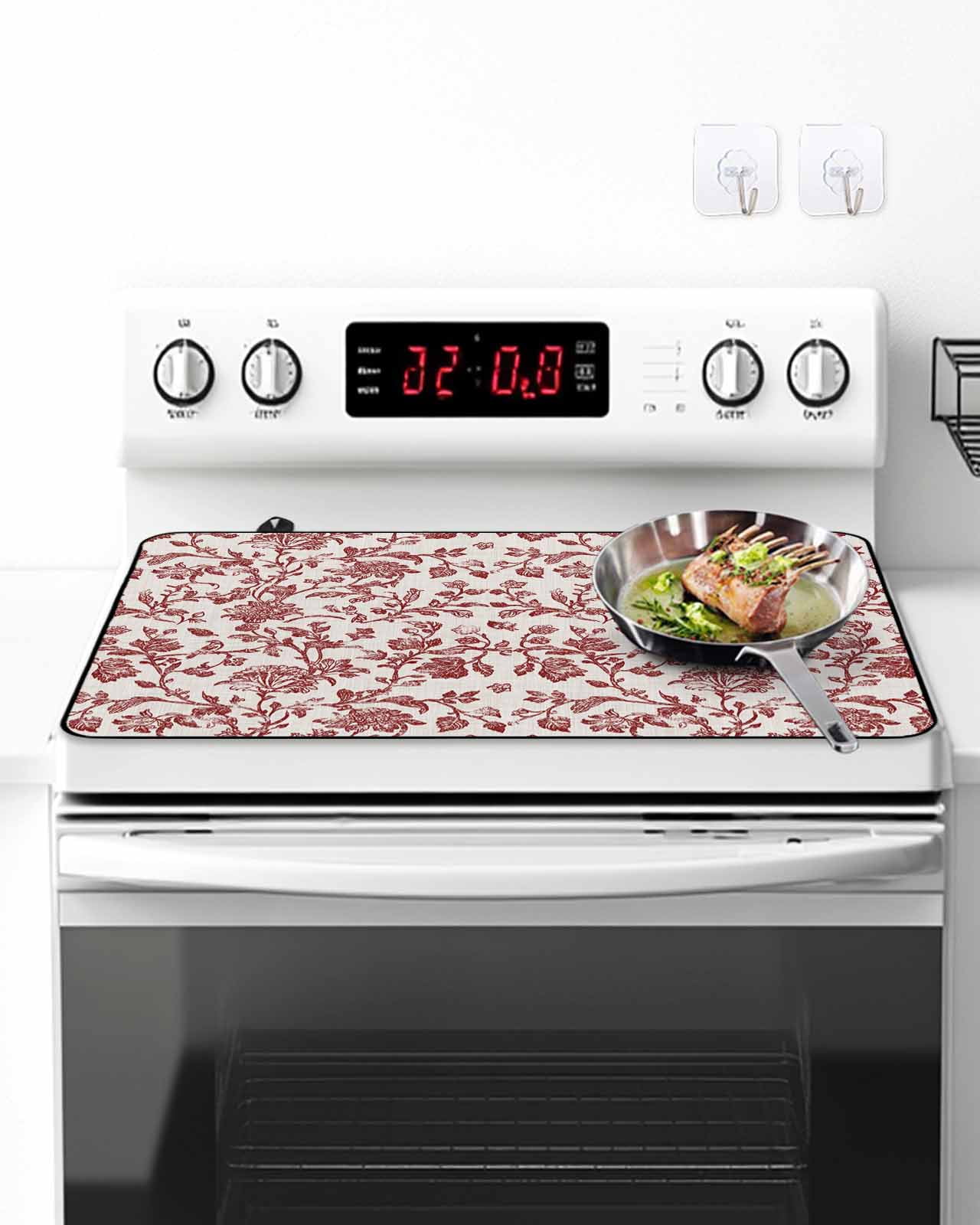 Stove Top Covers for Electric Stove, Farmhouse Red Glass Stovetop Cover Protector, Vintage Flower Leaf Botanical Plant Induction Cooktop Protector Oven Mat for Kitchen Countertop 31"x24"