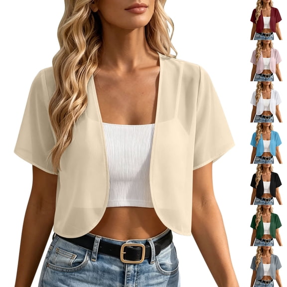 Stamzod Summer Cardigans for Women Lightweight Open Front Short Sleeve Bolero Shrug Plus Size Chiffon Cropped Cardigan Pink M