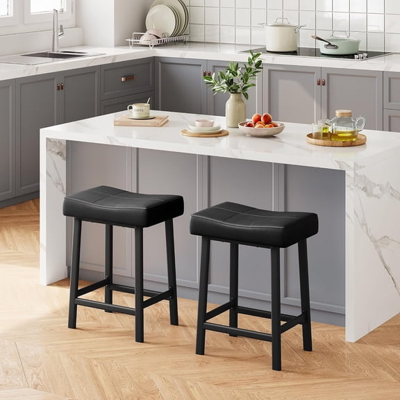 WALYWIK Counter Height 24" Barstools Set of 2, Modern Upholstered Counter Stool with Curved Surface, PU Leather Backless Saddle Stool, for Kitchen Counter or Home Bar, Black