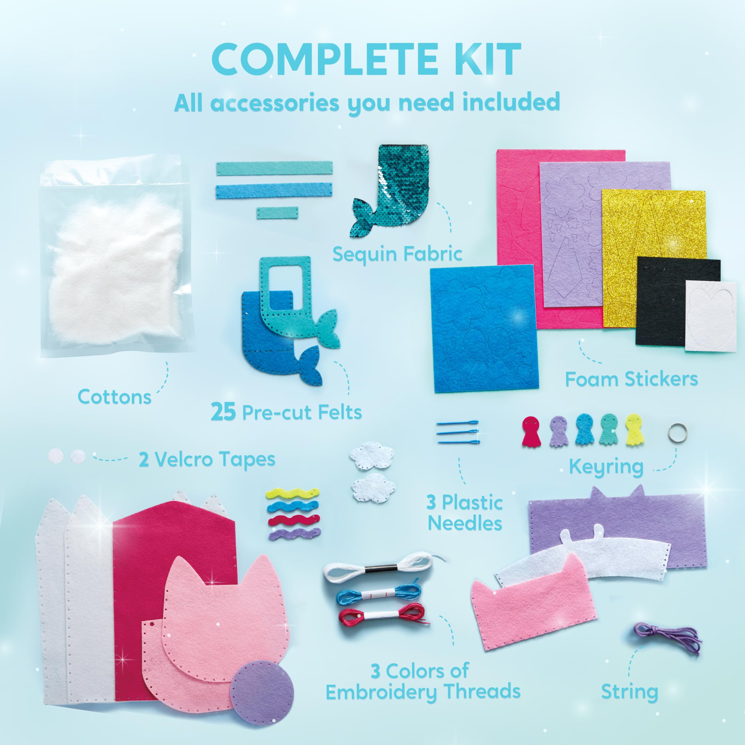 Joyfy 7 Sewing Projects Felt Sewing Kit for Kids, Animal Arts and Crafts of Magical Unicorn Pillow and Enchanting Mermaid Card Holder, Christmas Birthday Gift for Girls Aged 6+